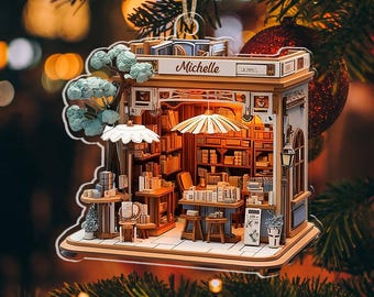 Personalized Bookshop Ornament, Custom Name Bookstore Christmas Ornament, Gift for Book Lovers,Cozy Reading Room Holiday Decor, Bookstore