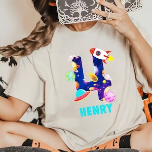 Personalized Outer Space Birthday T-Shirt, Personalized Planets Birthday Party T-Shirt, Custom Name And Age Planets T-Shirt