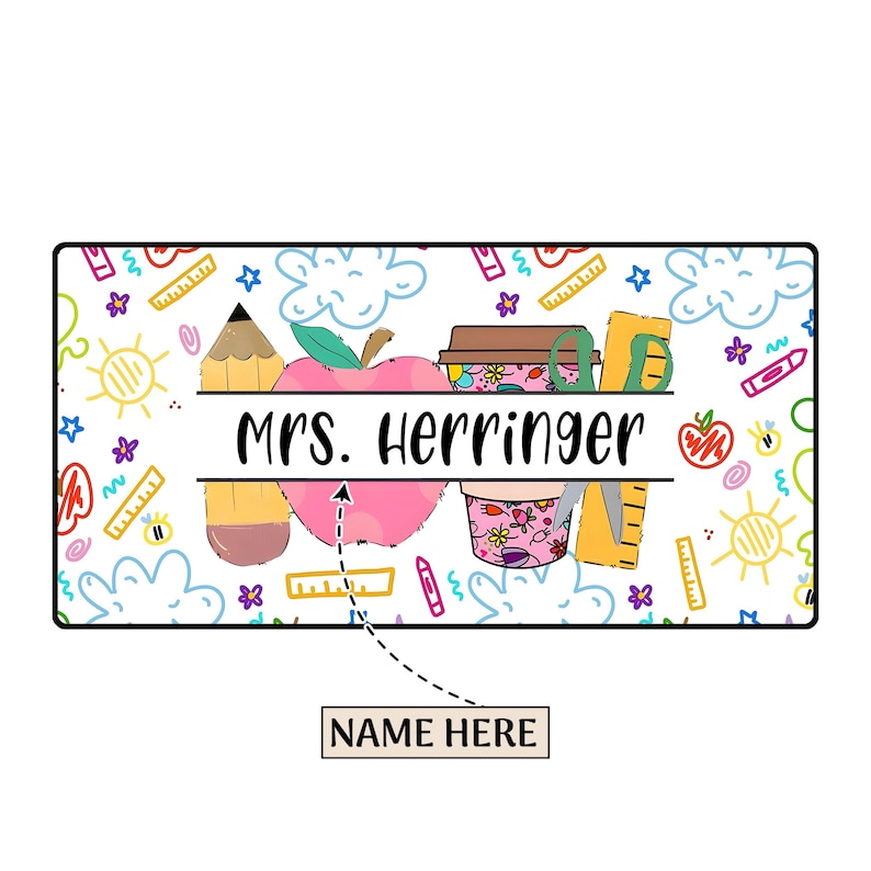 May include: A white background with a colorful pattern of school supplies, including a pencil, apple, coffee cup, scissors, and ruler. The text "Mrs. Herringer" is written in black on a white banner.