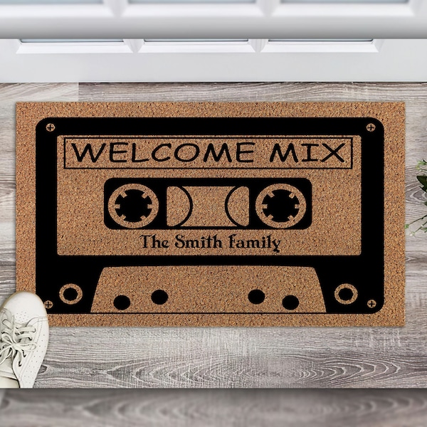 Vintage Mix Tape Personalized Doormat, Custom Name Printed Polyester Doormat, Gift For Mix Tape Lover, Music Doormat, Custom New Home Gift