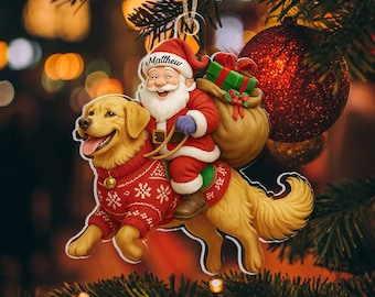 Benutzerdefinierte Name Santa Reithund Ornament, lustige Golden Retriever Weihnachtsdekoration, personalisierte Hundeliebhaber Geschenk, Weihnachtsmann Haustier Liebhaber Geschenk