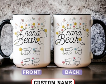 Nana Bear Flower Coffee Mug, Custom Nana And Kid Bear, Mother's Day Mug, Personalized Grandma Bear Cup, Gift For Nana