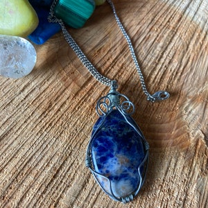 Handmade Sodalite Pendant Necklace: Silver Wire Wrapped Gemstone