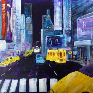 Times Square Night time New York Original Painting on Canvas Board Art Gift Wall Decor Yellow Cab Taxi