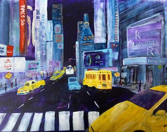 Times Square Night time New York Original Painting on Canvas Board Art Gift Wall Decor Yellow Cab Taxi