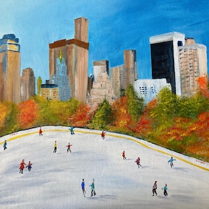 Ice Skating Central Park New York Original Painting Acrylics On Canvas Board Signed With Certificate of Authenticity