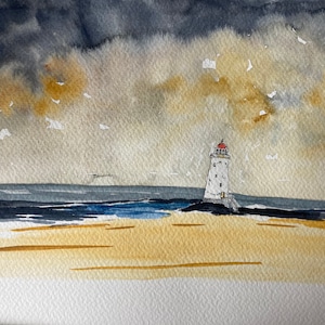 Talacre lighthouse Point of Ayr Wales Original Watercolour Mounted Wall Decor Lancashire Landscape