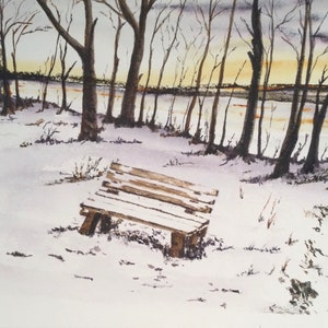 Cartão de felicitações Rivington Lancashire Bench Snowy Landscape Arte original