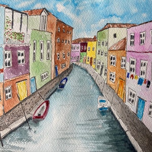 Burano Venice Italy Original Watercolour Mounted Wall Decor Lancashire Landscape