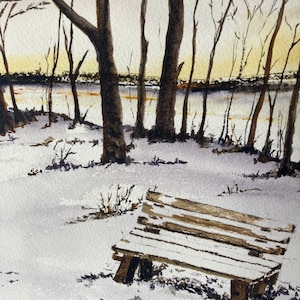 The Bench Rivington Winter Snowy Landscape Original Watercolour Mounted and ready to Frame