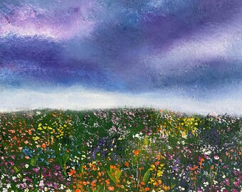 May include: An original oil painting depicts a vibrant wildflower meadow under a dramatic sky. The artwork features a field of colorful flowers in shades of orange, yellow, purple, and white, set against a backdrop of a stormy, blue and purple sky.