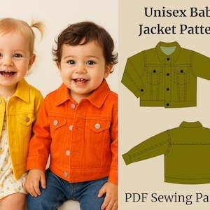 May include: Two smiling babies wearing yellow and orange denim jackets. The jackets have button closures and chest pockets. The image also includes a green jacket pattern with the text "Unisex Baby Jacket Pattern" and "PDF Sewing Pattern."