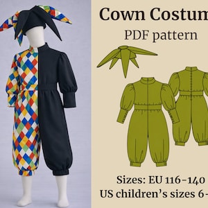 May include: A child's clown costume with a black and harlequin design. The costume includes a hat, a jumpsuit with a black and colourful diamond pattern, and the text "Cown Costume PDF pattern". Sizes: EU 116-140.