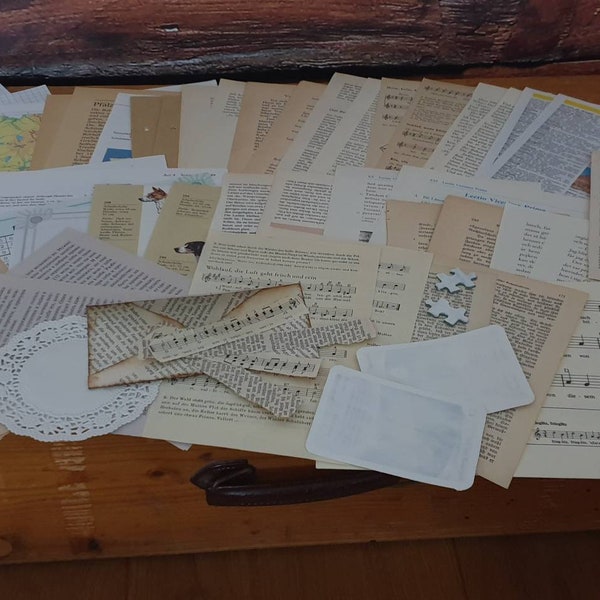 Junkjournal Starter Kit - verschiedene vintage Papiere - über 50 Seiten bedruckt - + zusätzliche Accessoires