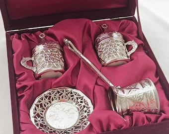 Authentic Copper Coffee Cup Set for Two in a Velvet Box