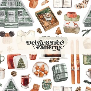 Peut inclure: Illustration à l'aquarelle avec des objets sur le thème de l'hiver et des fêtes. Comprend une maison verte, un plateau avec une tasse, des biscuits, un pull, une bougie et d'autres articles. Le texte "Delva Tree Patterns" est également visible.