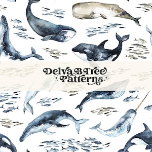 May include: A seamless pattern featuring watercolor illustrations of whales, orcas, narwhals, and schools of fish. The background is white with a light blue tint. The pattern is perfect for fabric, wallpaper, or wrapping paper.