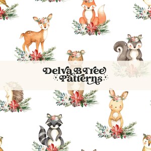 May include: A seamless pattern featuring watercolor illustrations of woodland animals wearing floral crowns. The animals include a deer, fox, raccoon, squirrel, and rabbit. The background is white with green foliage and red berries.