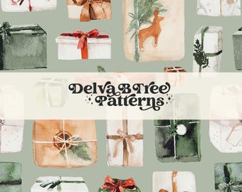 Watercolor Christmas Presents Seamless File, Bows and Holiday Gifts Repeat Pattern Tile JPG, Ribbon Wrapped Xmas Packages Sage Digital Paper