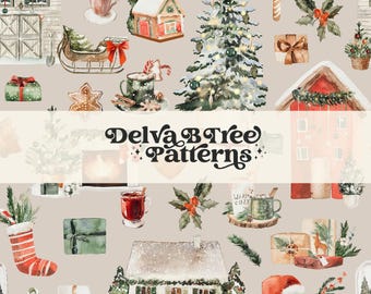 Watercolor Christmas Village Seamless Pattern, Cozy Winter Cabin Repeat Pattern File, Holiday Wonderland Digital Paper, Sleigh Presents
