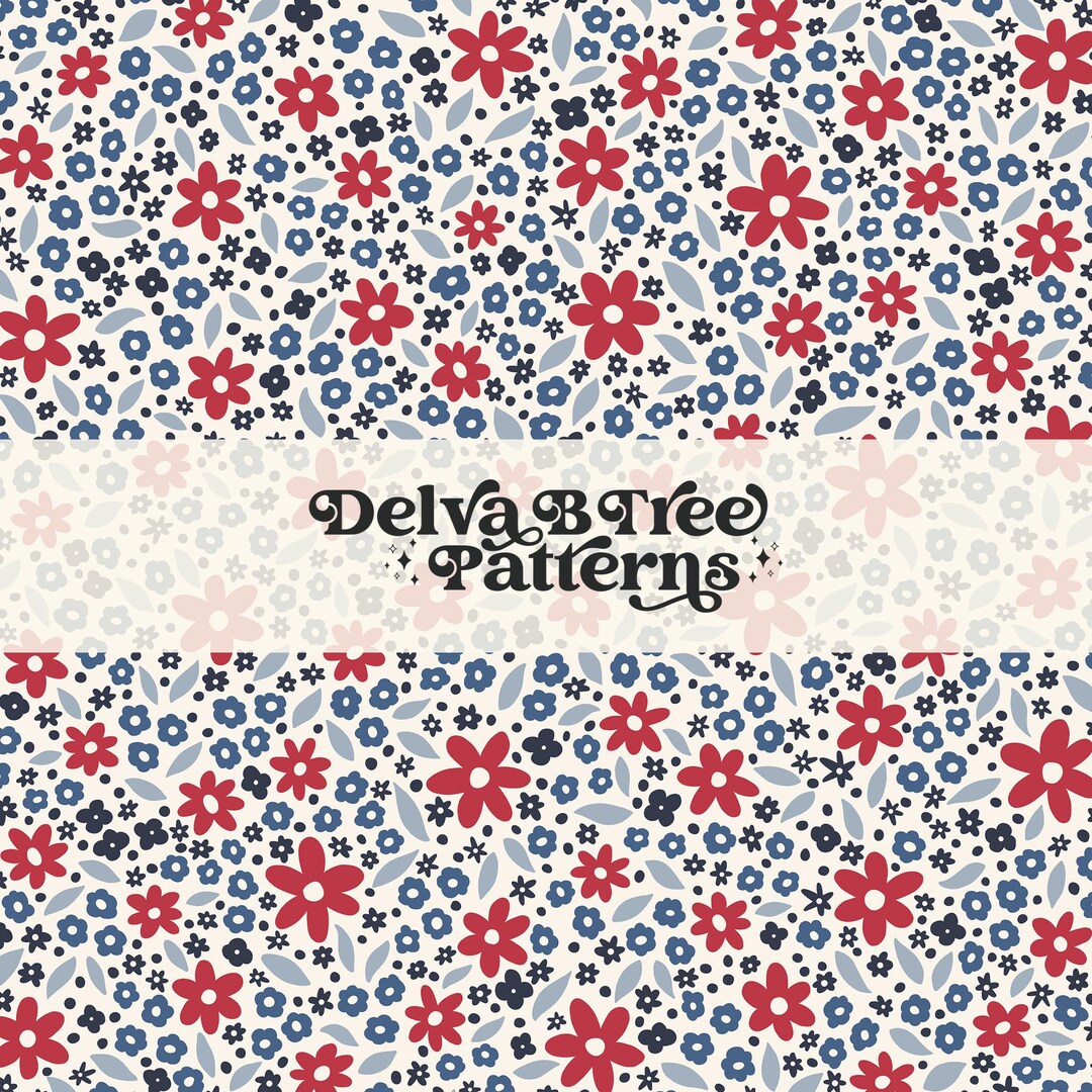 4th of July Ditsy Floral Seamless Pattern, Red White and Blue Retro ...