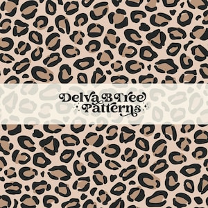 May include: A seamless pattern featuring a leopard print design in black and brown on a light pink background. The pattern is repeated throughout the image. The text "Delva B Tree Patterns" is centred in the middle of the image.