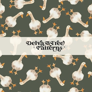 May include: A seamless pattern featuring white geese with orange feet on a dark green background. The pattern is titled "Delva B Tree Patterns".