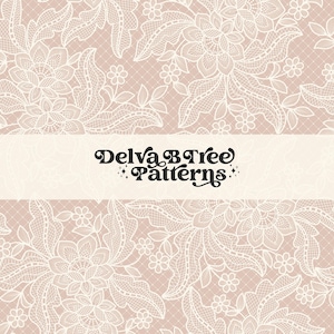 May include: A seamless pattern featuring a delicate white lace design on a light pink background. The pattern includes intricate floral motifs and a banner with the text "Delva B Tree Patterns".