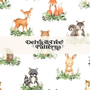 Fichier sans couture aquarelle animaux de la forêt, modèle sans couture de créatures de la forêt bébé sexe neutre, papiers numériques garçons verdure botanique