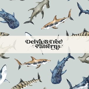 May include: A seamless pattern featuring watercolour illustrations of various sharks and hammerhead sharks on a light blue background. The pattern includes a variety of shark species, including a whale shark, a tiger shark, and a hammerhead shark. The pattern is perfect for use in a variety of creative projects, such as fabric, wallpaper, and stationery.
