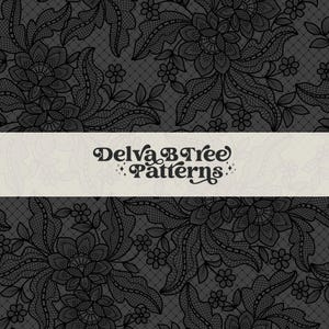 May include: A black and white seamless pattern of intricate lace with floral designs. The pattern is repeated throughout the image. The text "Delva B Tree Patterns" is centered in the middle of the image.