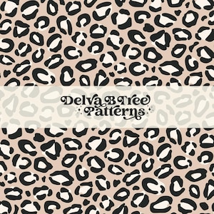 Peut inclure: Motif sans couture avec des taches de léopard noires sur fond beige. Le design comprend le texte "Delva Tree Patterns" dans une police décorative, adapté aux projets de tissu ou de design numérique.