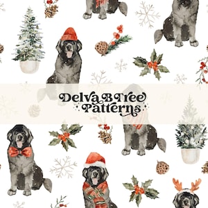 May include: A seamless pattern featuring black Newfoundlands wearing festive attire, including Santa hats and reindeer antlers, surrounded by holly, pine cones, and snowflakes. The text "Delva B Tree Patterns" is displayed in the center.