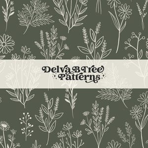 Fichier sans couture de fleurs sauvages bohème vert thym, carreau de motif floral minimal, motif botanique dessin au trait, impression sur tissu personnalisé Design JPG