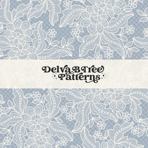May include: White lace pattern with a light blue background. The pattern features intricate floral designs and the text "Delva B Tree Patterns".
