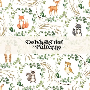 May include: A seamless pattern featuring watercolor illustrations of woodland animals, including a fox, deer, raccoon, owl, and squirrel, surrounded by green leaves and branches. The text "Delva B Tree Patterns" is displayed in the center of the pattern.