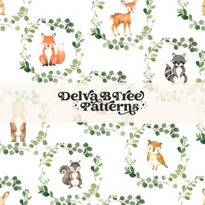 Patrón sin costuras de animales del bosque en acuarela, archivo digital de criatura del bosque neutra para bebé niño, impresión en tela personalizada, papel con vegetación botánica