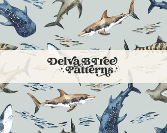 Watercolor Shark Seamless Pattern, Boy Nautical Repeat Pattern Tile, Ocean Fish Seamless Pattern, Commercial Use Summer Digital Papers