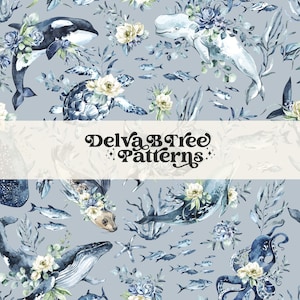 May include: A seamless pattern featuring watercolour illustrations of various sea creatures, including whales, a turtle, an octopus, and a seal. The background is a light blue colour, and the illustrations are surrounded by white flowers and greenery.