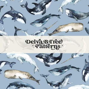 May include: A seamless pattern featuring watercolour illustrations of various whales, including a narwhal, orca, humpback whale, and sperm whale, on a light blue background. The text "Delva B Tree Patterns" is displayed in a vintage font.
