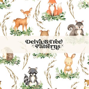 May include: A seamless pattern featuring watercolour illustrations of woodland animals, including a fox, deer, raccoon, squirrel, hedgehog, and rabbit. The animals are surrounded by green leaves and brown branches.