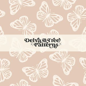 May include: A seamless pattern featuring white butterfly silhouettes on a light brown background. The text "Delva B Tree Patterns" is centered in the middle of the pattern.