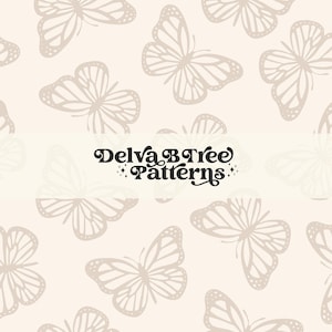 Könnte beinhalten: Ein nahtloses Muster mit einem sich wiederholenden Design aus beigen Schmetterlingen auf einem hellbeigen Hintergrund. Der Text "Delva B Tree Patterns" ist mittig im Bild platziert.