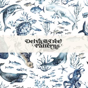 May include: A seamless pattern featuring watercolor illustrations of various sea creatures, including a dolphin, whale, turtle, octopus, seal, and fish. The pattern is set against a white background and includes the text "Delva B Tree Patterns".