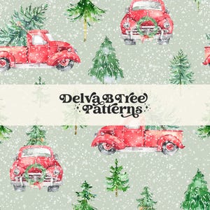 Fichier transparent aquarelle vintage arbre de Noël camion, carreaux de motif de répétition de vacances rétro JPG, papier numérique de ferme d'arbres de Noël enneigé vert sauge