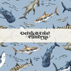 May include: A seamless pattern featuring watercolour illustrations of various sharks and hammerhead sharks swimming in a light blue ocean. The pattern includes small fish and the text "Delva B Tree Patterns".