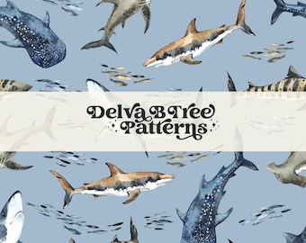 Watercolor Shark Seamless Pattern, Boy Nautical Repeat Pattern Tile, Ocean Fish Seamless Pattern, Commercial Use Summer Digital Papers
