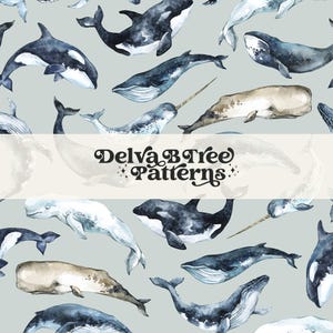 May include: A seamless pattern featuring watercolor illustrations of various whales, including a narwhal, humpback whale, orca, and sperm whale. The background is a light blue color. The text "Delva B Tree Patterns" is in the center of the image.