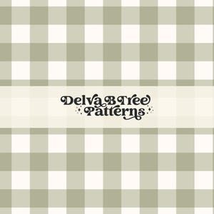 Può includere: Uno schema senza cuciture con un design a quadri vichy bianco e verde chiaro. Lo schema si ripete su tutta l'immagine. Il testo "Delva B Tree Patterns" è centrato al centro dell'immagine.