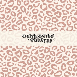 May include: A seamless pattern featuring a light pink leopard print on a cream background. The pattern is repeated throughout the image. The text "Delva B Tree Patterns" is centered in the middle of the image.